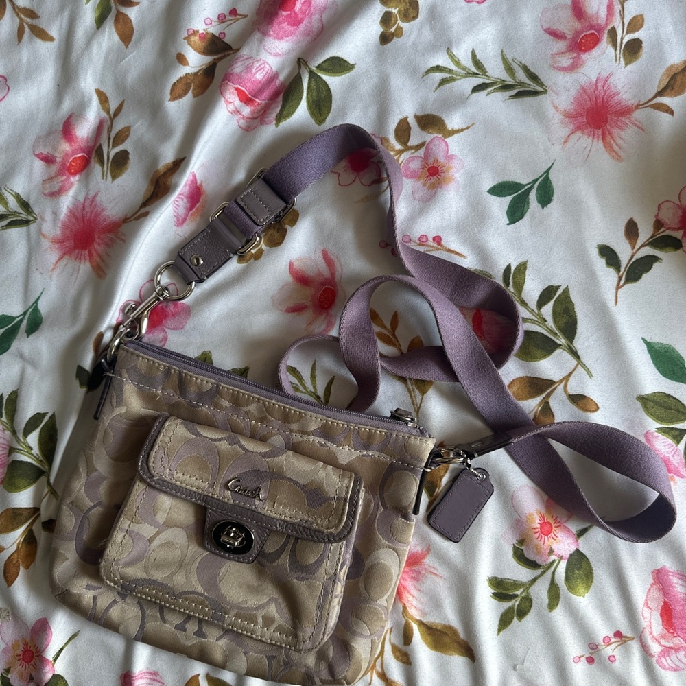 Coach Tan and Purple Crossbody Bag with Monogram Design